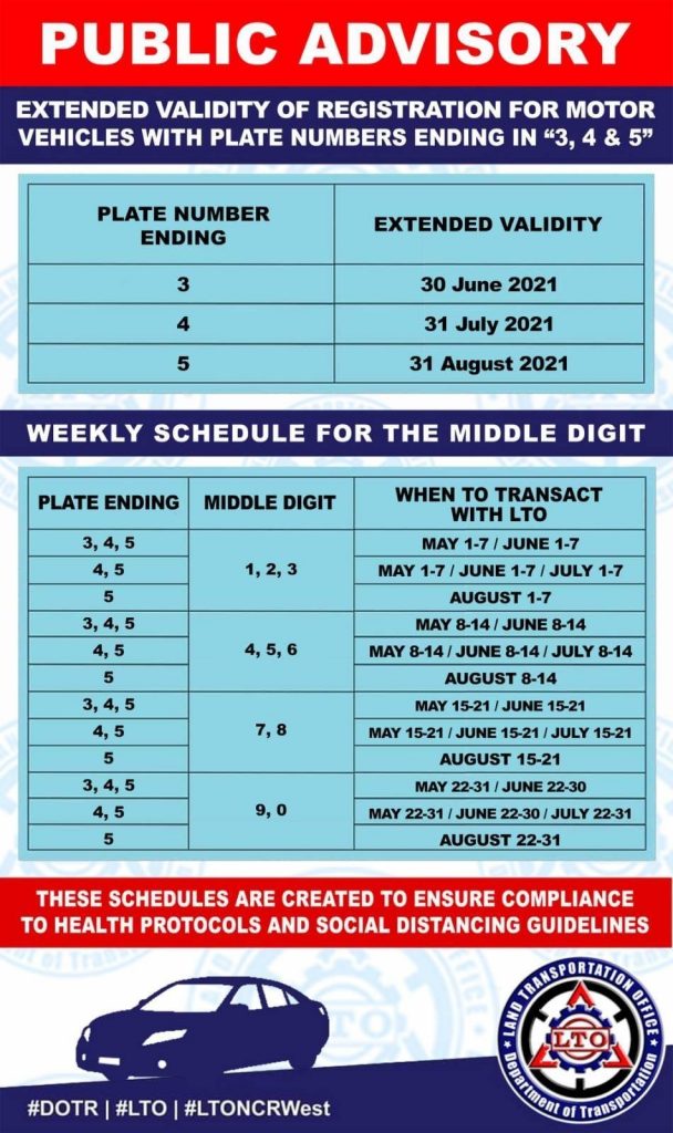 InsideRACING LTO Registration Schedules for vehicles ending 3,4,5