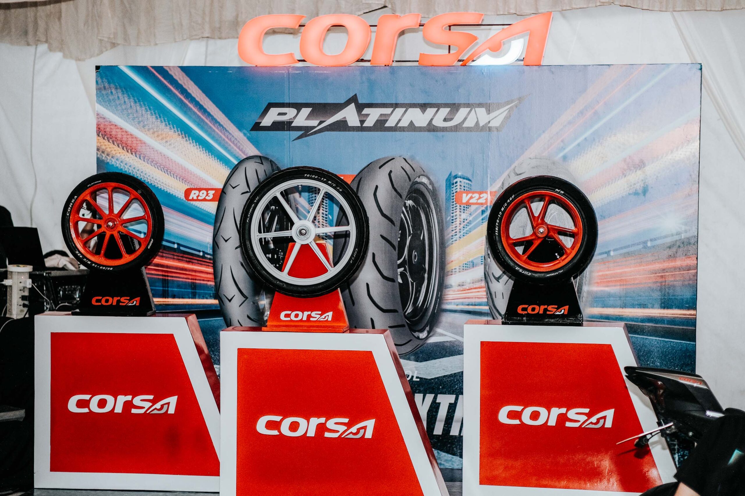 The Corsa Platinum tires_ R99, V22, and M5 on display at the Corsa Supremacy Unleashed Product Launch